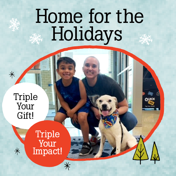 dog with new family and Home for the Holidays: Triple your gift, Triple your impact